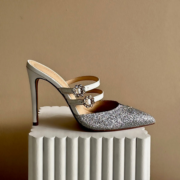 New Sample - Natalie Silver Glitter Mules With Crystal Buckles